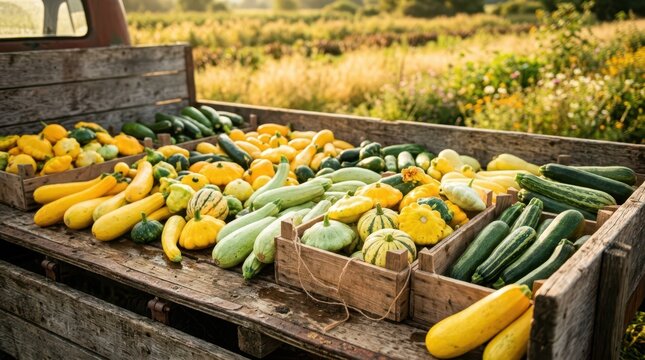 An abundant collection of diverse summer squash varieties spread out and packed on a farm flatbed truck during the summer harvest.