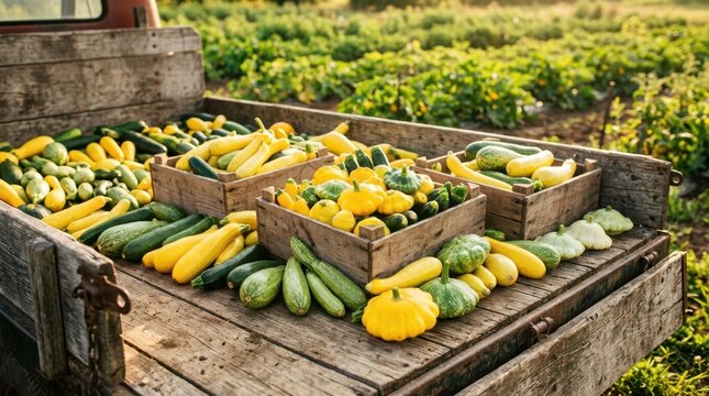 An abundant collection of diverse summer squash varieties spread out and packed on a farm flatbed truck during the summer harvest.