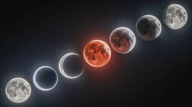 A detailed visual progression showing the various stages of a lunar eclipse with a prominent glowing red blood moon centerpiece
