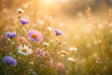 Fototapeta premium Summer meadow wildflower close-up with soft background perfect for copy space design