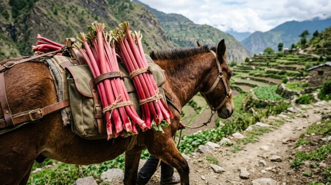 Freshly cut rhubarb stalks tied in bundles are transported from a remote mountain farm by a pack horse.