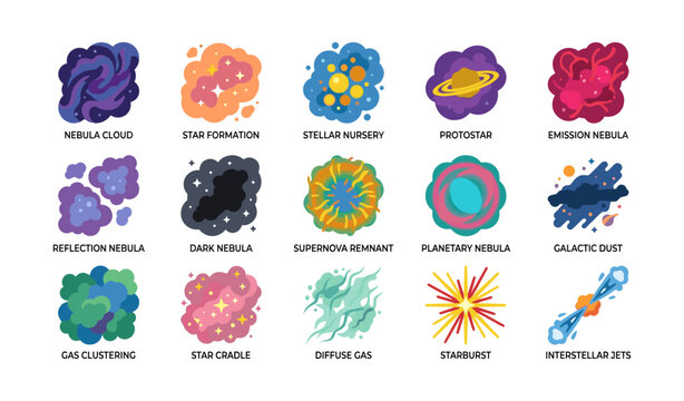 Colorful nebula and space phenomenon icons on white background