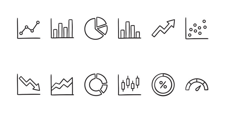 A collection of hand-drawn icons depicting various types of graphs and charts, representing data analysis and financial concepts in a simple, sketched style.