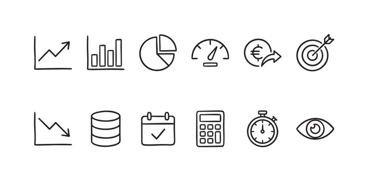 A collection of hand-drawn business and finance icons, including graphs, charts, a euro symbol, target, stopwatch, and eye, representing growth, planning, and success.