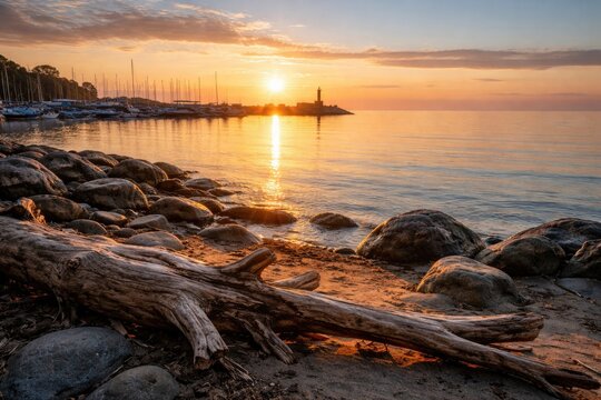 Serene sunrise over harbor with coastal rocks and driftwood in foreground