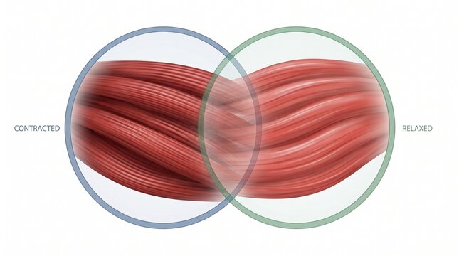 Split-view illustration of contractile and relaxed skeletal muscle fibers showing overlapping red muscle tissue and contraction-relaxation states