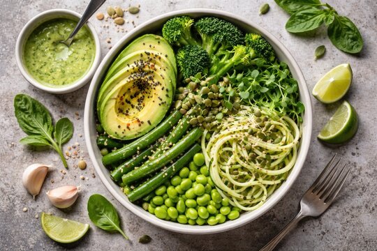 Birds eye view of a nutritious plant based bowl with avocado, green beans, zucchini noodles, and green dressing over a concrete textured background