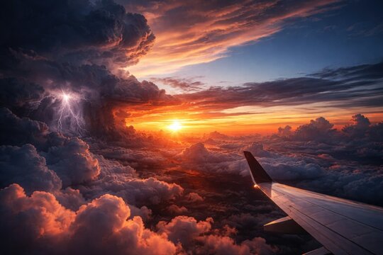 Sunset above the clouds viewed from aircraft showing dynamic thunderstorm cloudscape with copy space