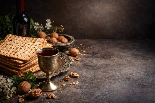 Passover festive scene with ritual matzah kosher wine and walnuts arranged on rough dark grey surface with copy space