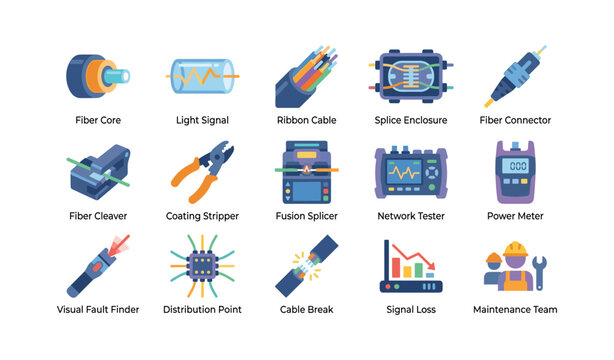 Fiber optic components and diagnostic tools on white background