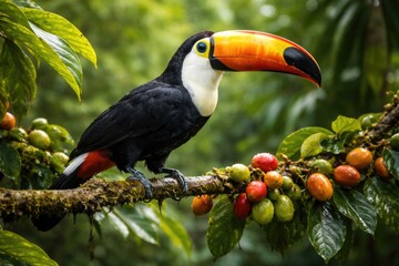 Obraz premium Tropical bird toucan quietly perched on a fresh fruit branch