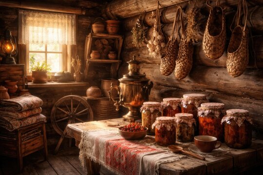 Old fashioned cabin interior displaying Russian cultural objects including bast shoes and jam jars