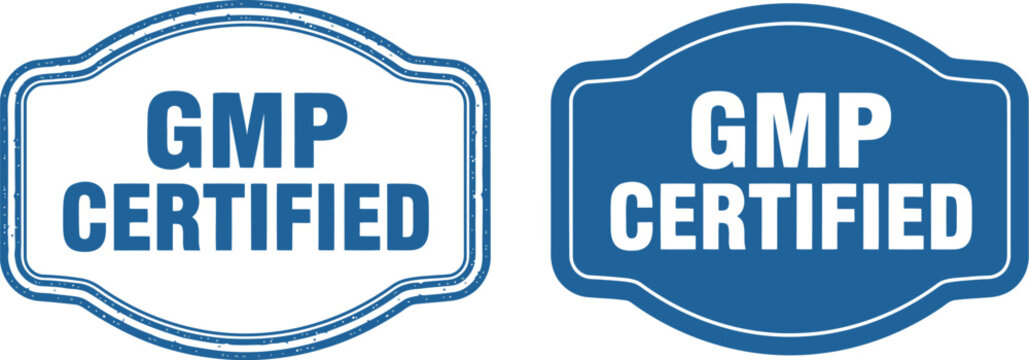 GMP Certified Badge Vector Icons in Blue for Pharmaceutical and Food Industry Compliance Labels