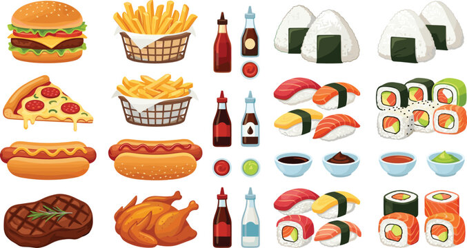 International Food Collection Featuring Burger, Pizza, Sushi, Onigiri, Roasted Chicken, Steak, and French Fries Vector Illustration for Global Cuisine Menas, Restaurant Branding, and Delivery Services