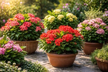 Naklejka premium Bright garden arrangement of Euphorbia Mili plants with fresh leaves