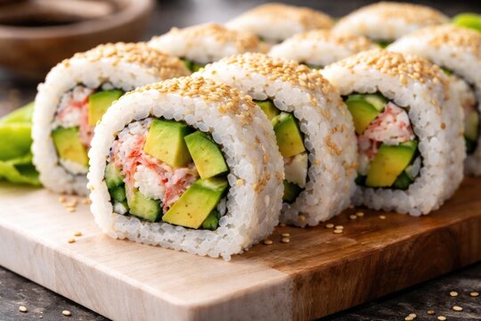 Sushi roll with imitation crab meat and ripe avocado on white rice