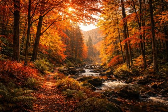 Charming fall forest vista with warm foliage tones