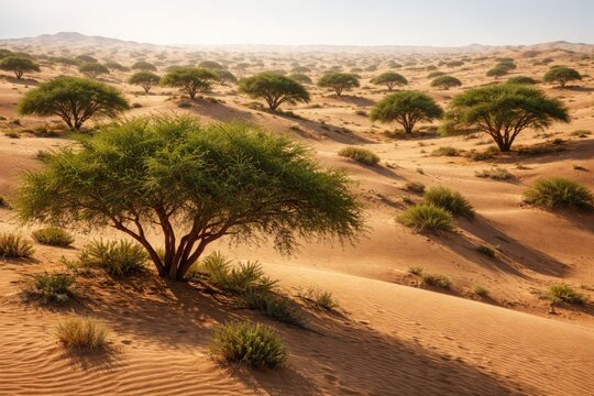 Desert dunes covered with healthy drought tolerant Ghaf trees in sunshine