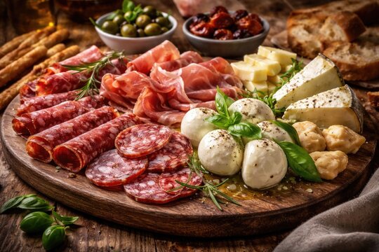 Traditional Italian appetizer board with cured salami, prosciutto crudo, and fresh cheese