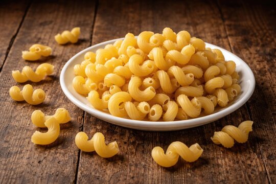 Raw cavatappi pasta lying on an aged wooden tabletop with a simple white dinner plate