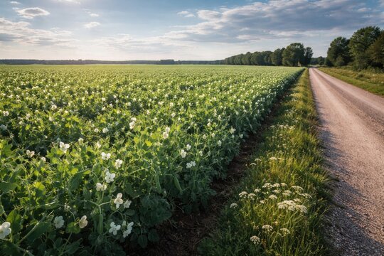 Vast pea plant field stretching to a nearby gravel road