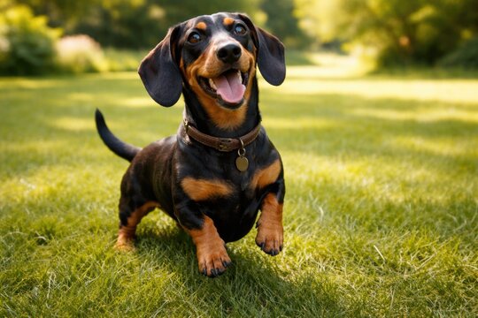 Playful dachshund joyfully requesting food on fresh green lawn full length view summer day copy space