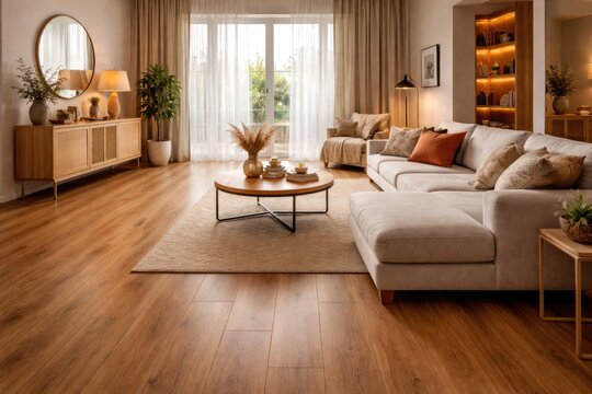Inviting contemporary room highlighted by warm light brown laminate flooring