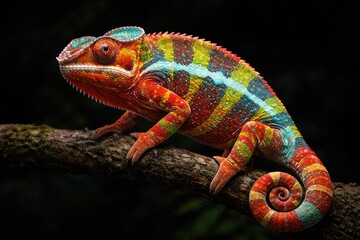 Fototapeta premium Vividly patterned panther chameleon standing out on a deep dark background