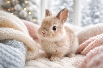 Naklejka premium Happy little bunny exploring pastel textile with white backdrop in winter family concept