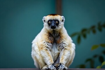 Fototapeta premium Crowned sifaka lemur looking directly at the camera with golden eyes