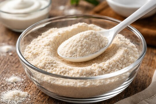 Plastic spoon resting in glass bowl of guar gum powder highlighting thickening agent for dairy creaminess