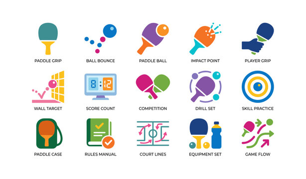 Table tennis training icons showing paddles balls and drills on white