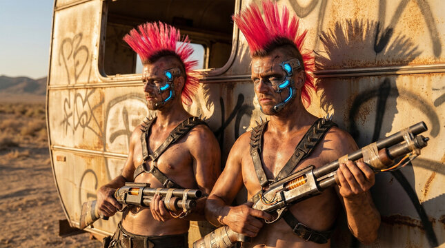 Two fierce post-apocalyptic warriors with pink mohawks and cybernetic face makeup hold shotguns near a rusty trailer in the desert.