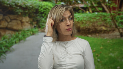 Obraz premium Woman wearing gold rim glasses pointing finger at viewer in green forest pathway with stone wall; confidence.