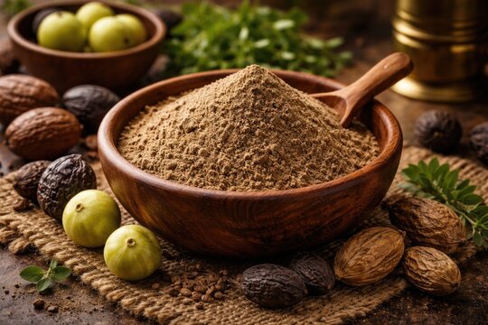 Traditional herbal Triphala churan in wooden bowl enhancing digestive health and vitality