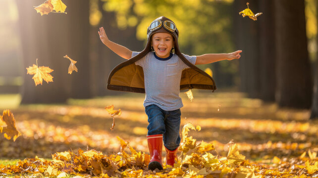 A happy little boy wearing an aviator hat and goggles runs joyfully while pretending to fly like a brave pilot