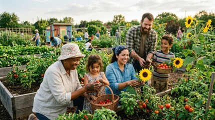 Obraz premium Multi-generational family happily harvesting fresh tomatoes in a sunny community garden