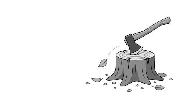 Illustration of a sharp axe embedded in a tree stump.