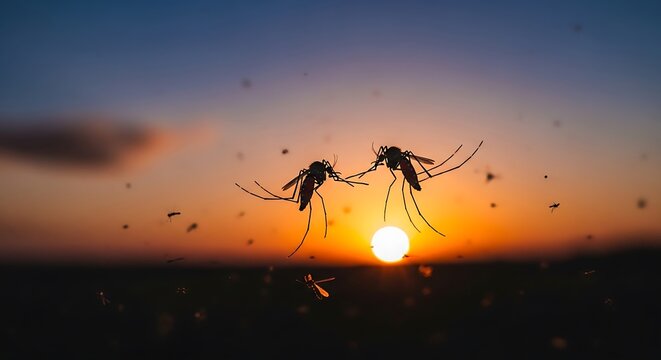Mosquitoes Swarming at Dusk Against a Vivid Sunset Sky
