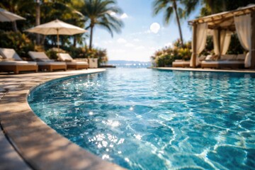 Obraz premium Sophisticated hotel pool scene with radiant sunlit water and subtle blue bokeh background
