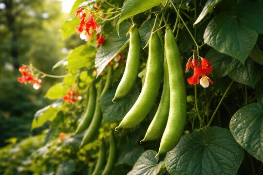 Runner bean pods in close up on a thriving runner bean plant with natural light