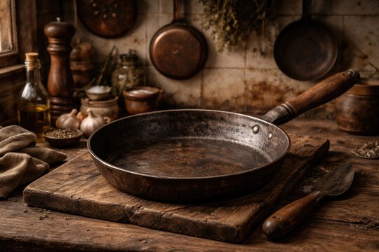 Weathered wooden handled pan as centerpiece in vintage kitchen display