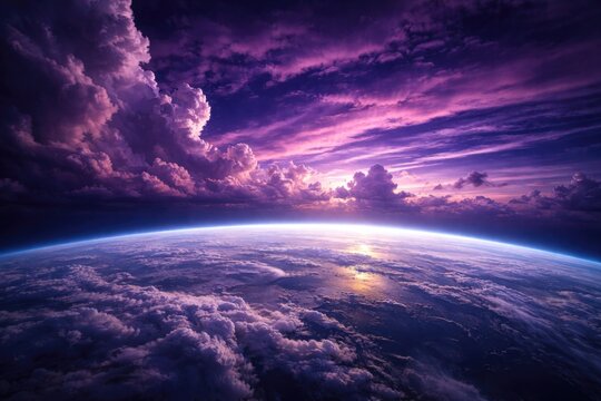 Earth horizon with dramatic violet sky and cloud formations