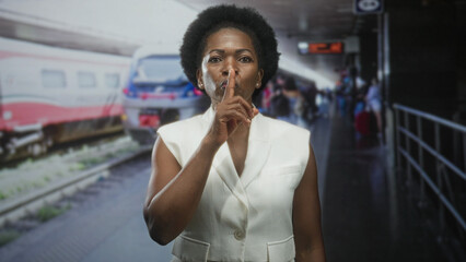 Fototapeta premium Woman in white vest on train station platform making finger to lips shush gesture while looking sideways; silence calm.