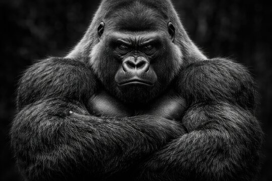 Monochrome portrait of a strong silverback gorilla with fierce expression and crossed arms