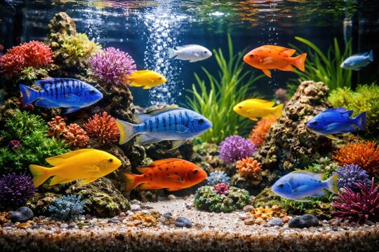 Vibrant mbuna cichlid fish enjoying a decorative aquatic tank with colorful elements