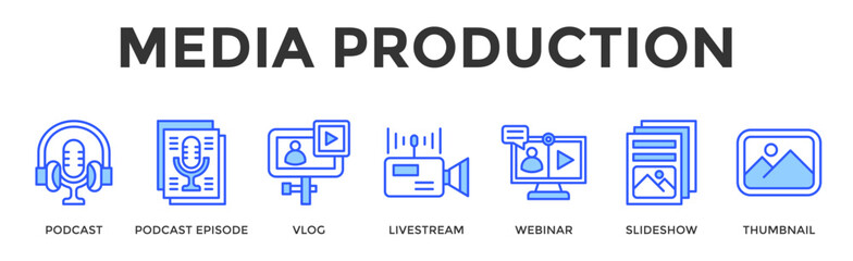 Obraz premium Media Production Banner Web Icon Set Collection Pack Vector Illustration Concept Containing Podcast, Podcast Episode, Vlog, Livestream, Webinar, Slideshow, Thumbnail