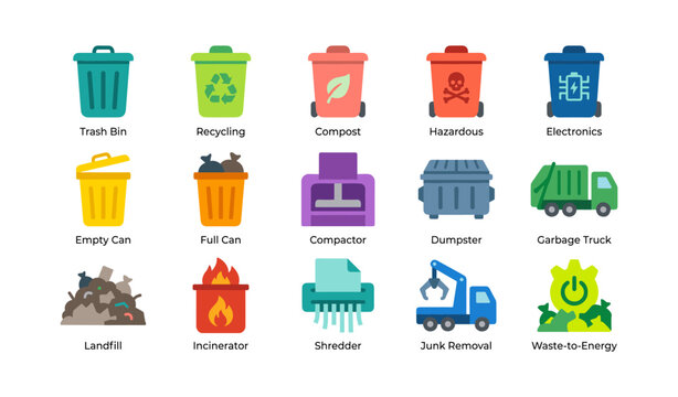 Various waste and recycling bins and equipment in grid