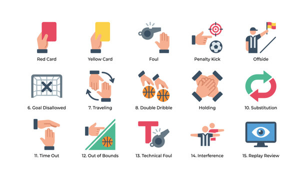 Sports referee and foul icons arranged in grid on white background