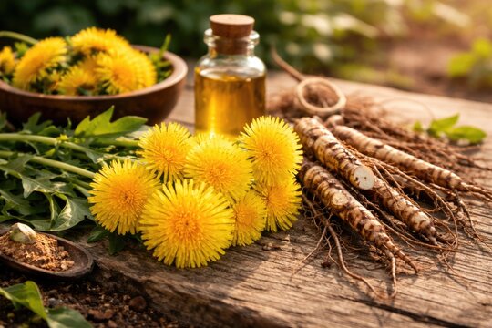 Medicinal dandelion flowers and roots placed on natural timber surface for hair and skin health